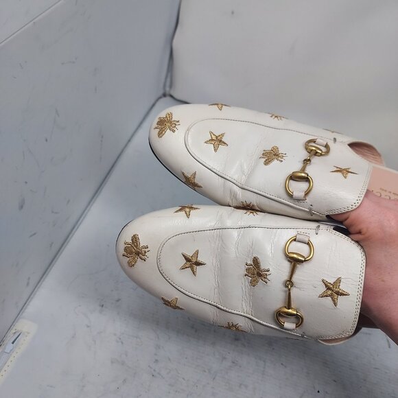 GUCCI Princetown Embroidered Bees Stars White Toe Horsebit Mule - Picture 10 of 13